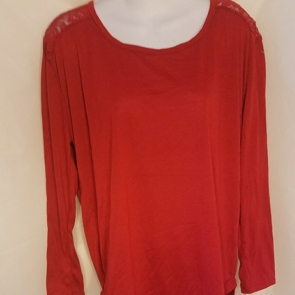 Bobbie Brooks red long sleeve lace shoulder blouse